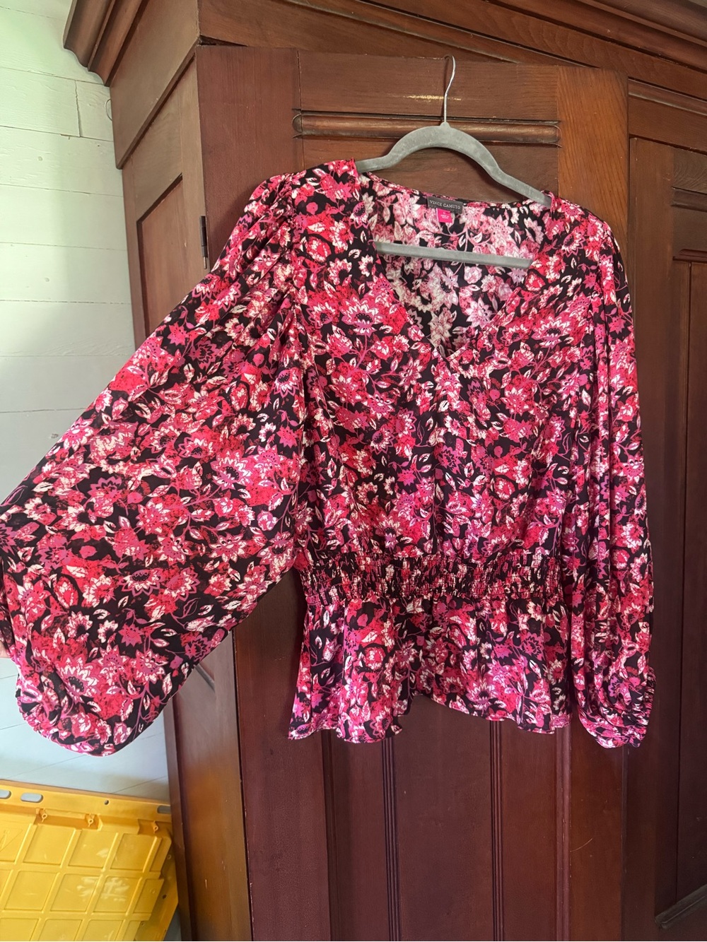 Vince Camuto Floral V-Neck Peplum Blouse in Pink and Black